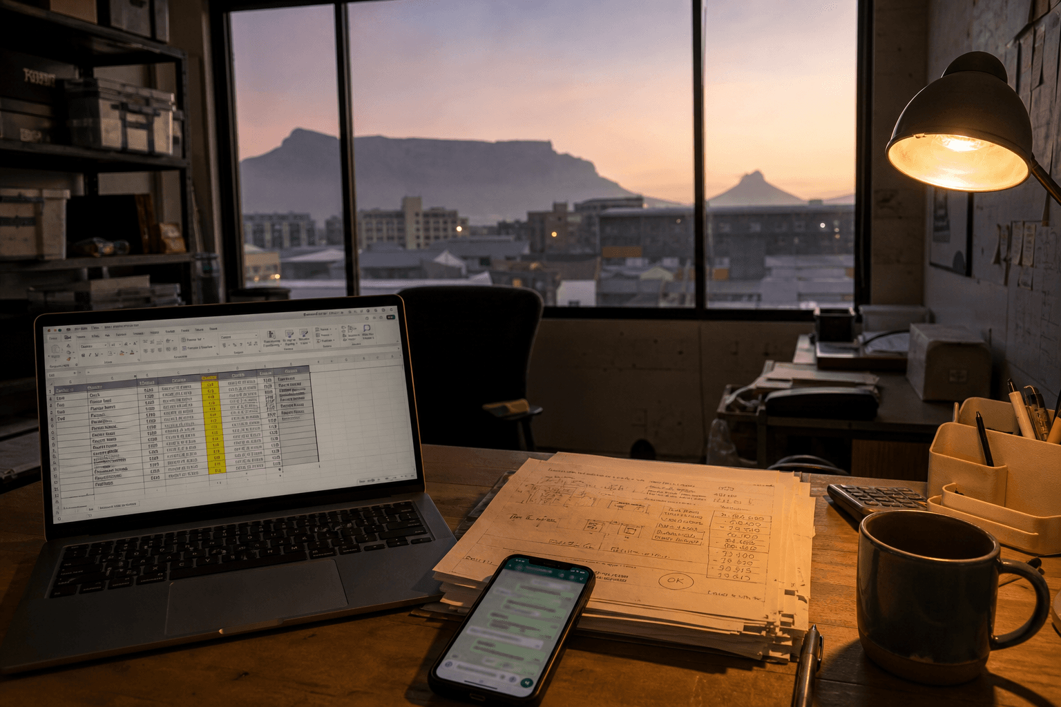 Small workshop desk at dusk with a laptop, paper quotes, and a phone, Table Mountain in the window