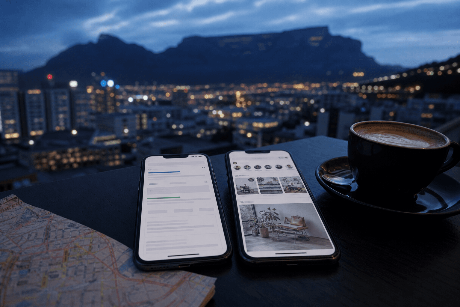Two phones on a dark desk, one showing search ads and the other a photo feed, Cape Town lights behind