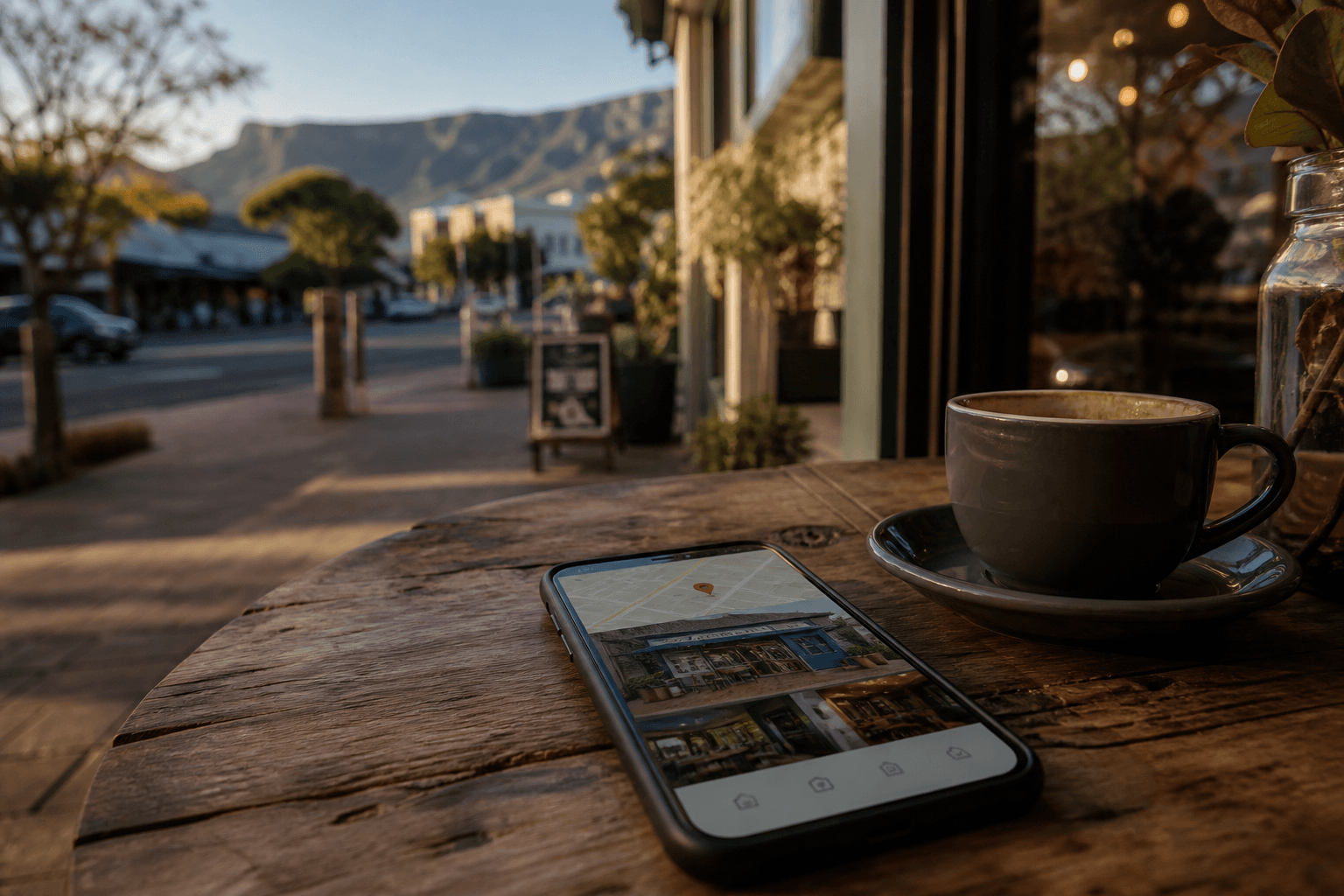 Phone on a cafe table showing a local map listing, Cape Town street and mountain behind