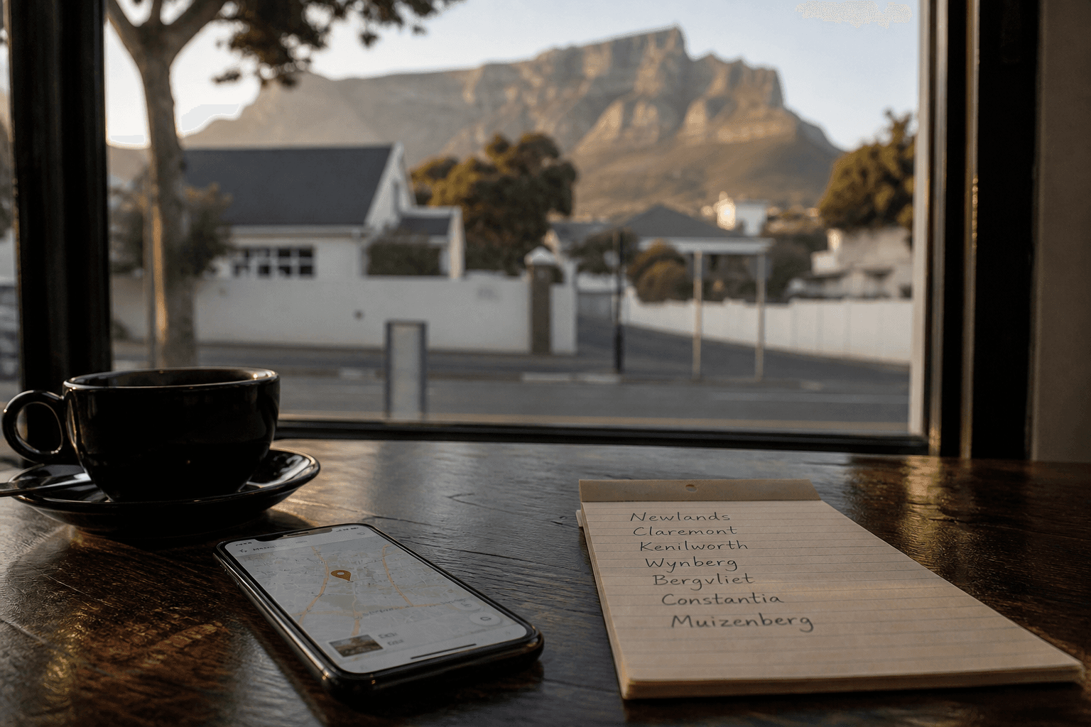 Phone on a cafe table showing a map listing, with a Cape Town street outside the window