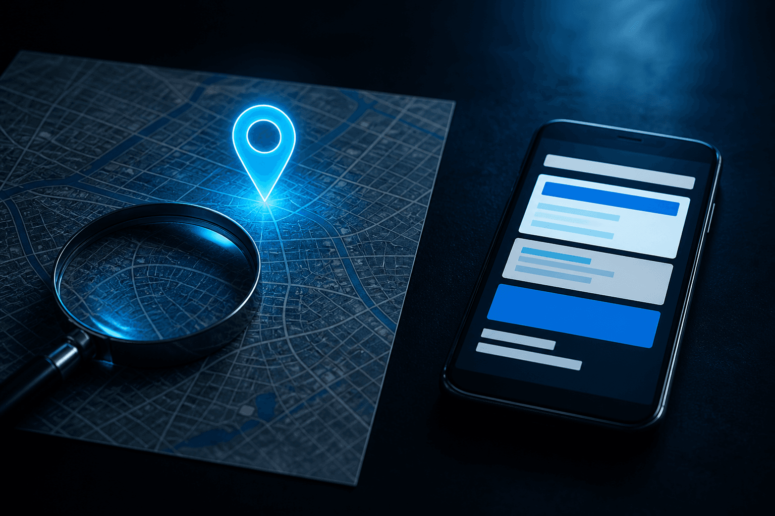 Map pin and magnifying glass beside a phone showing search ads, on a dark desk