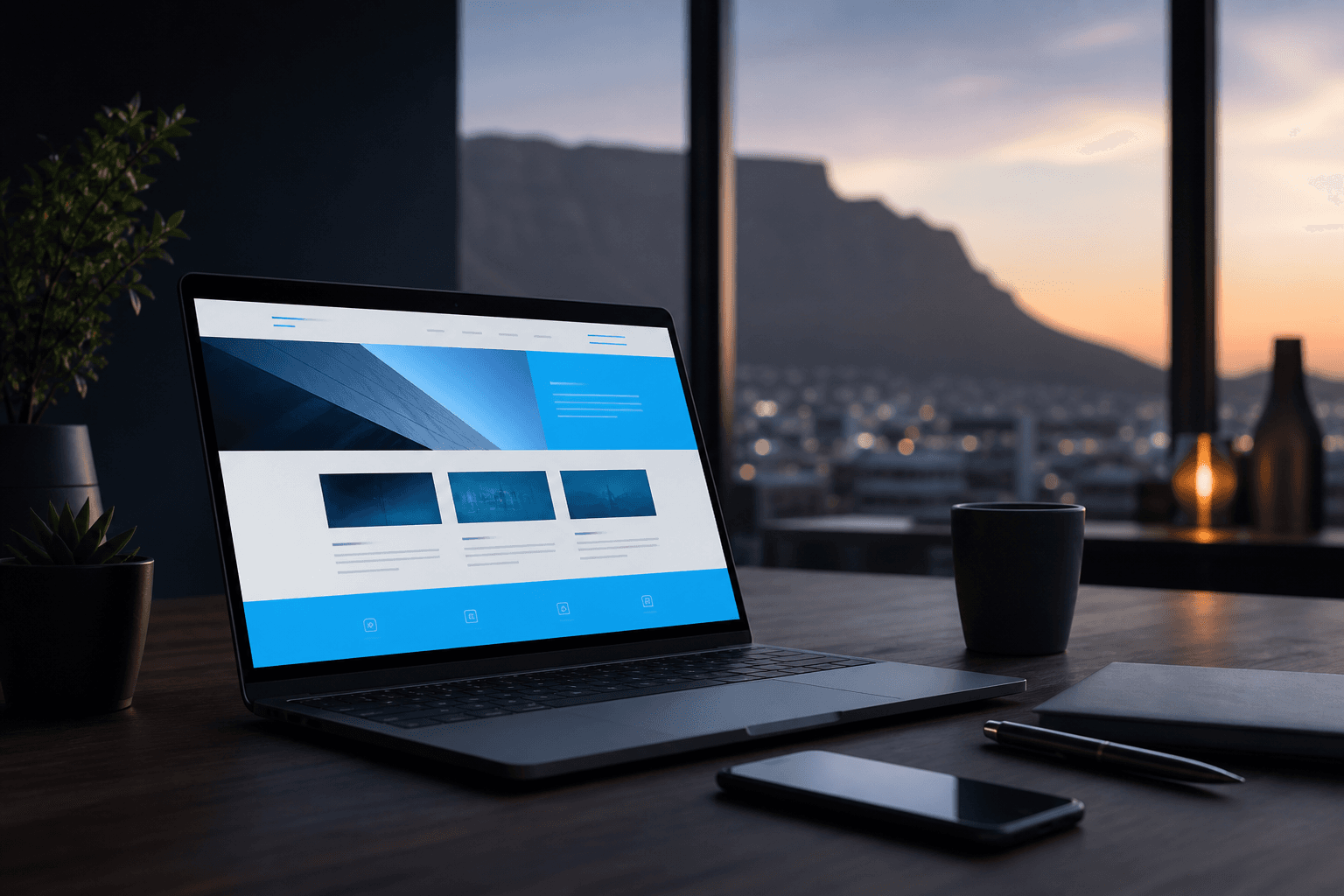 Laptop on a desk showing a business website, with Table Mountain in the evening light